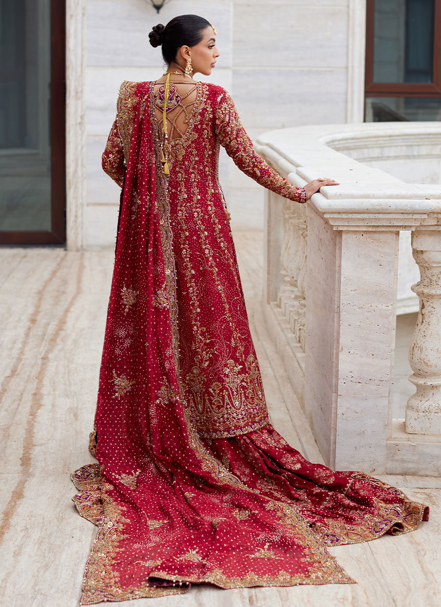 Timeless Bridal Kalidaar – Crimson Front-Open Shirt & Farshi Lehnga