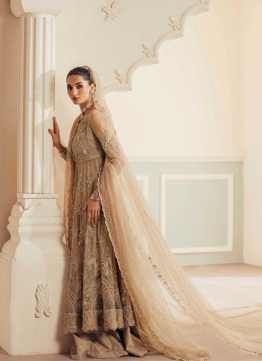 16 Champagne Gold Embroidered Long Kalidaar with Dupatta