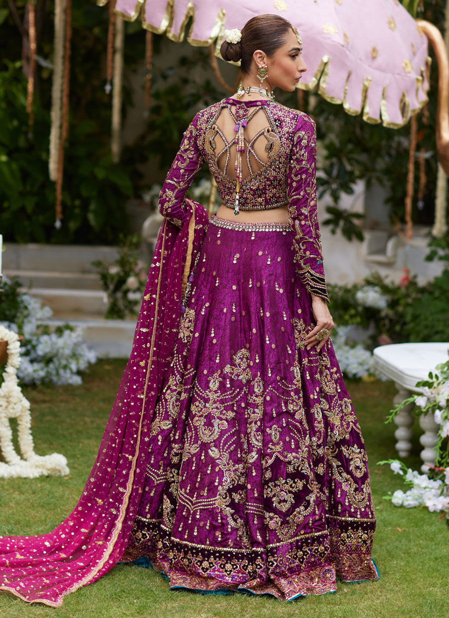 16 Plum Purple Lehenga Choli with Gold Embroidery and Pink Dupatta
