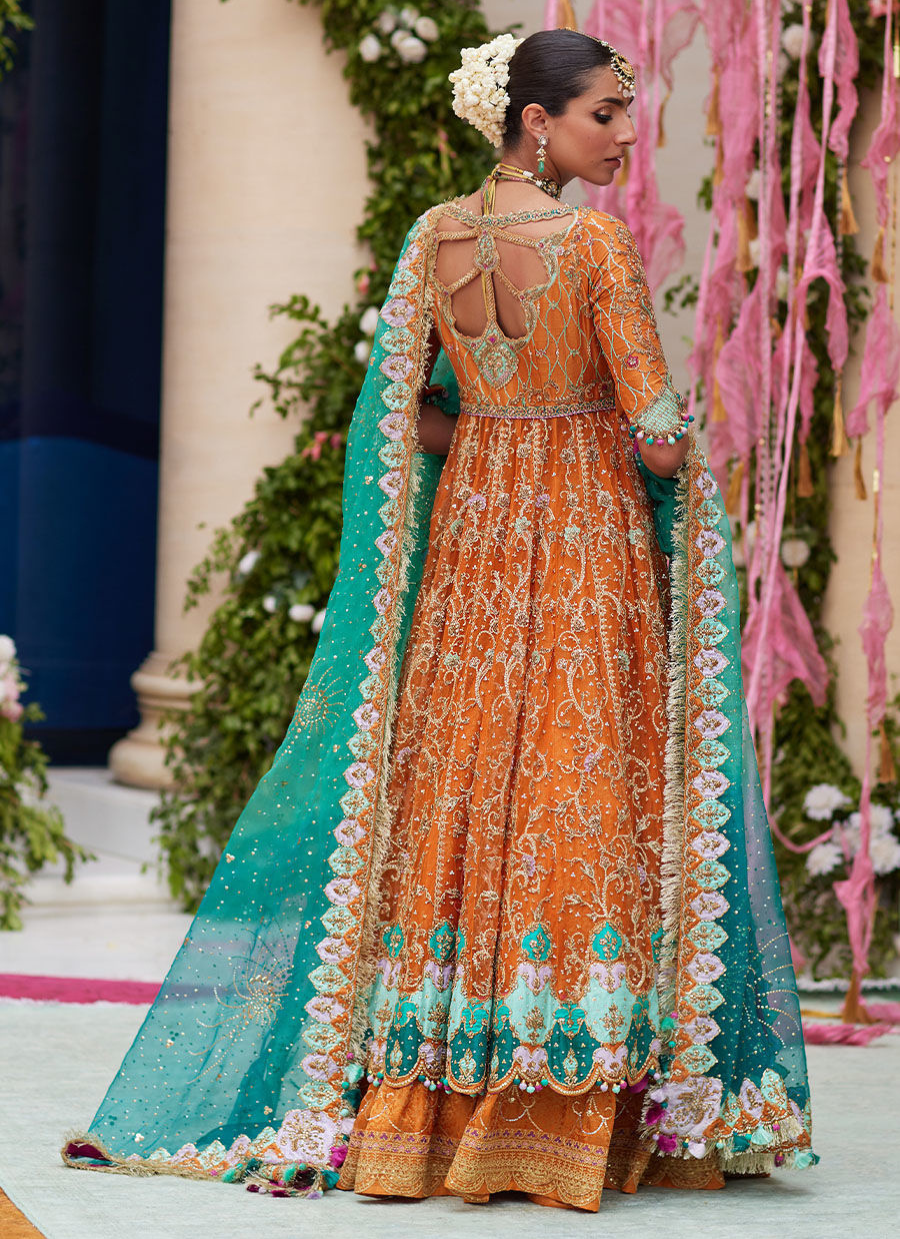 16 Rust Orange Kalidaar Bridal Ensemble with Aqua Blue Dupatta
