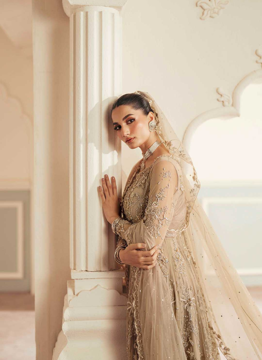 16 Champagne Gold Embroidered Long Kalidaar with Dupatta