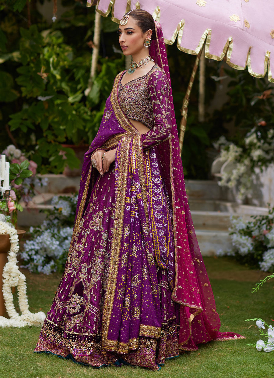 16 Plum Purple Lehenga Choli with Gold Embroidery and Pink Dupatta