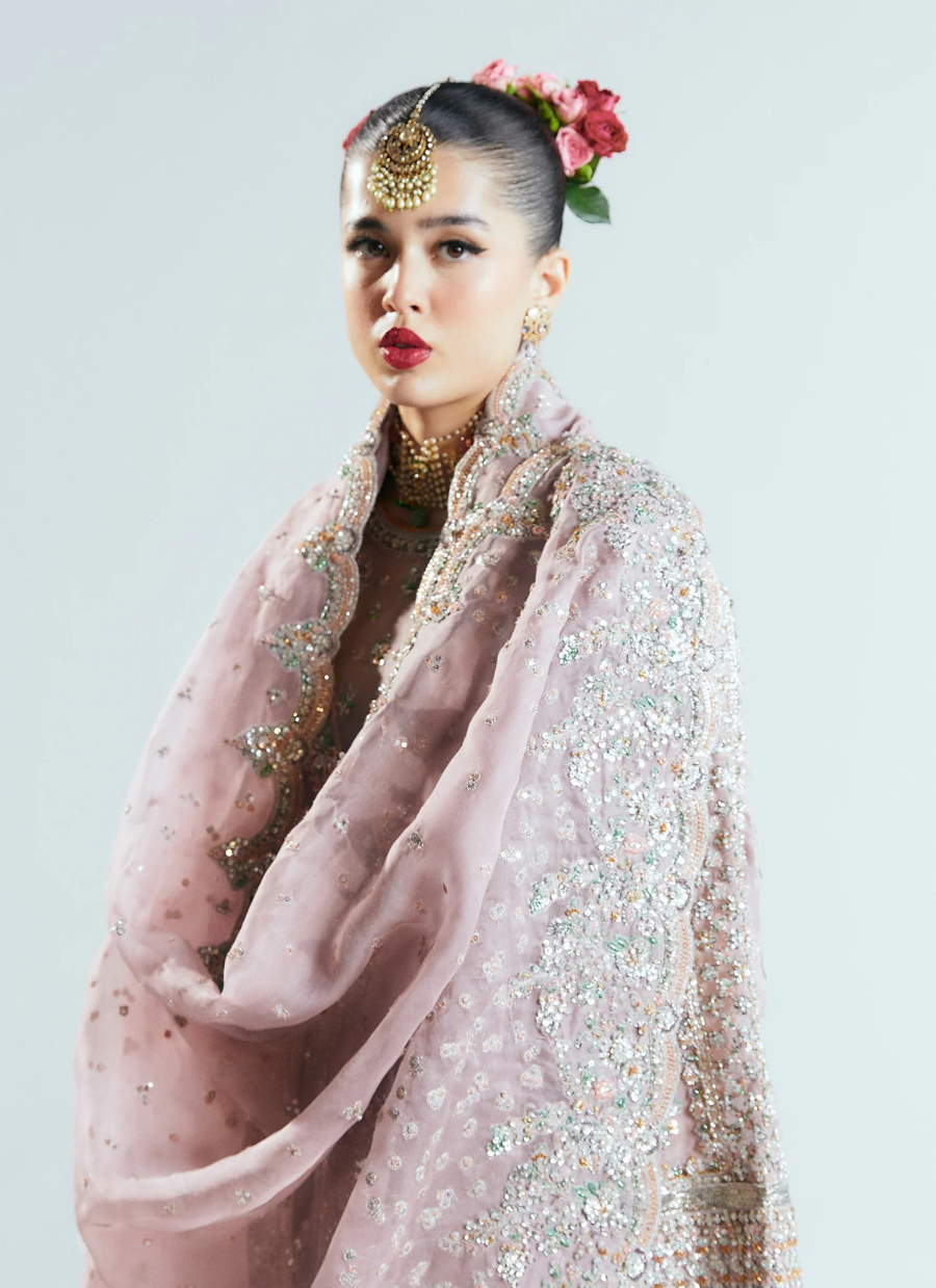 16 Dusty Rose Heavily Embellished Kalidaar with Flared Sleeves