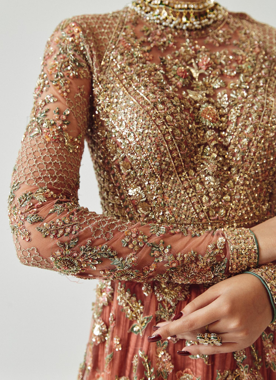 Rose Gold Peshwas Ensemble – Silk Sharara & Embellished Organza Dupatta