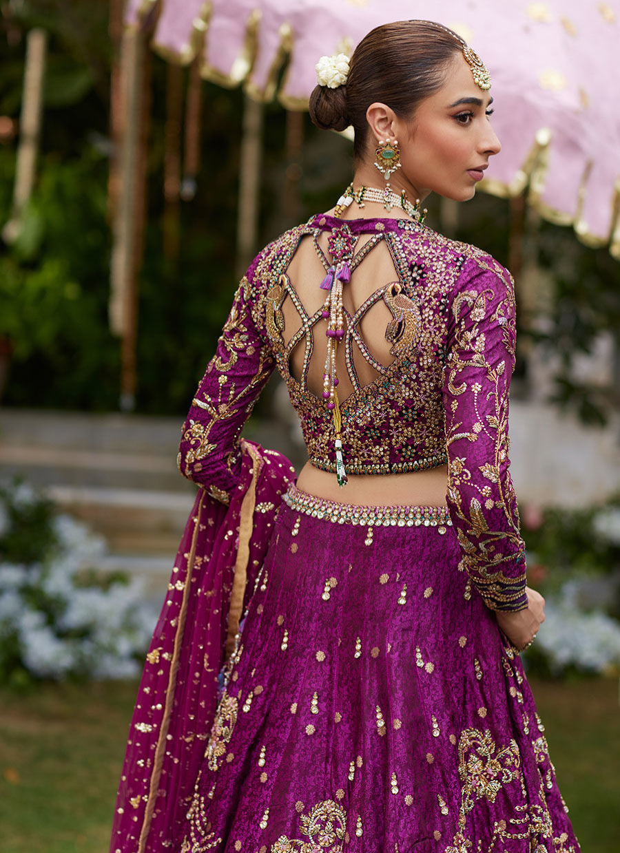 16 Plum Purple Lehenga Choli with Gold Embroidery and Pink Dupatta