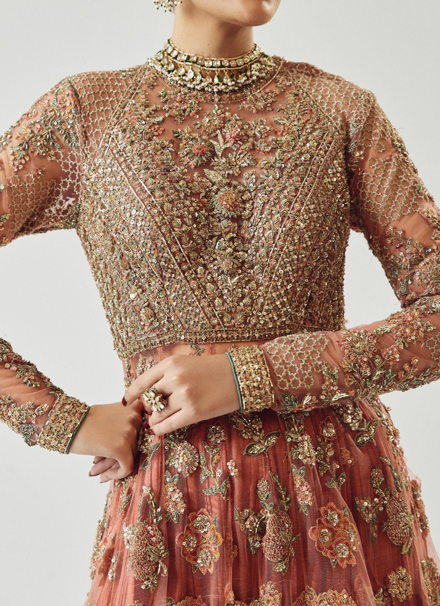 Rose Gold Peshwas Ensemble – Silk Sharara & Embellished Organza Dupatta