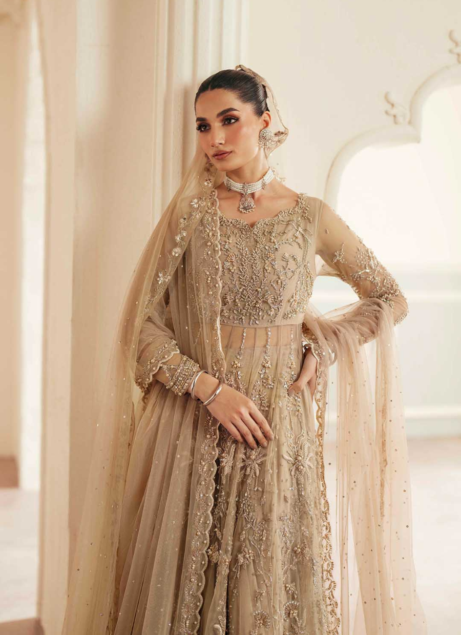 16 Champagne Gold Embroidered Long Kalidaar with Dupatta