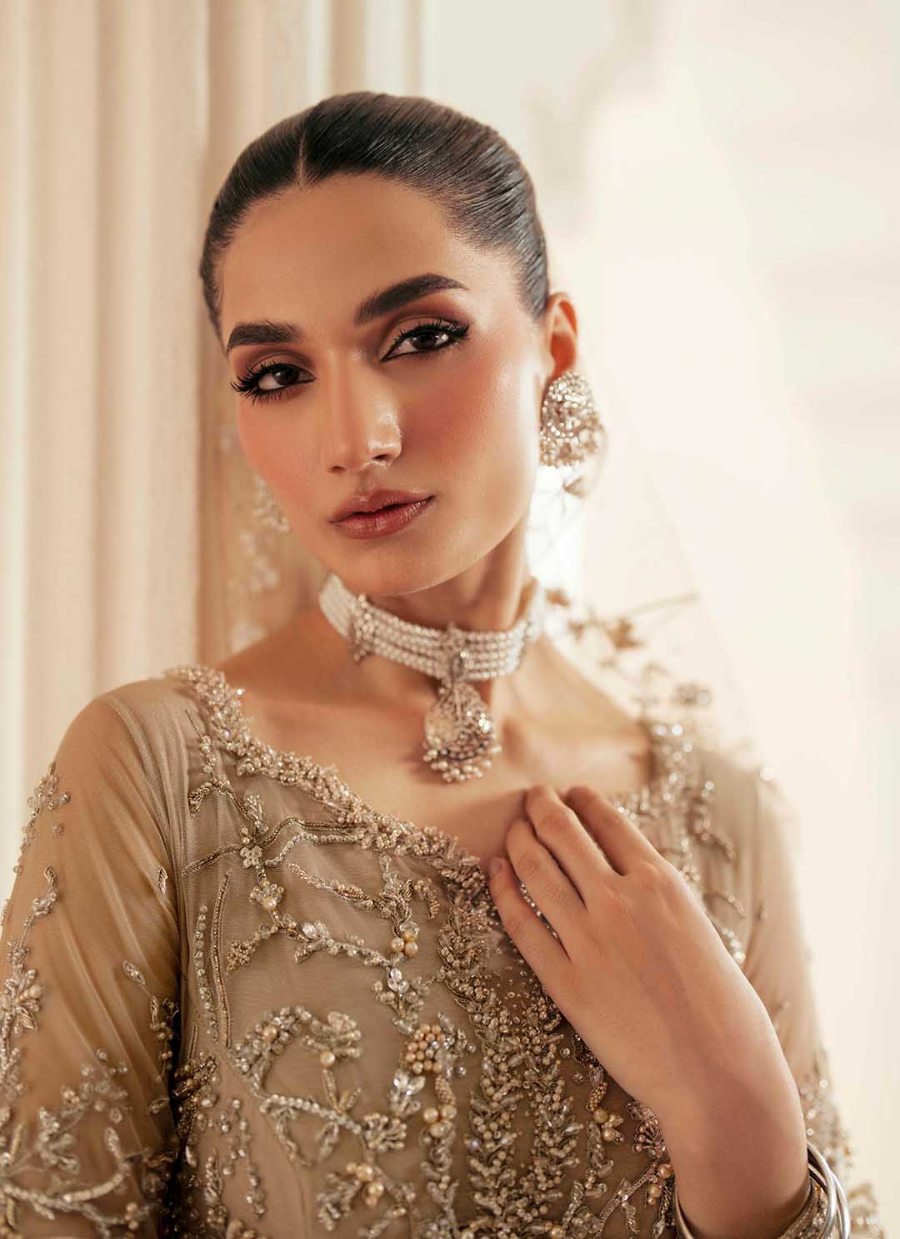 16 Champagne Gold Embroidered Long Kalidaar with Dupatta