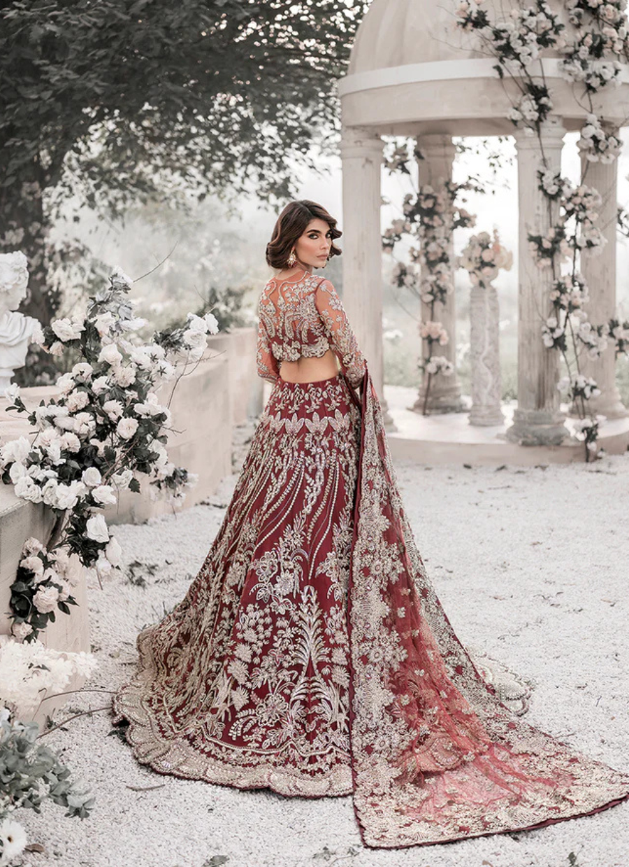 19 Maroon Bridal Lehenga with Golden Embroidered Floral Motifs
