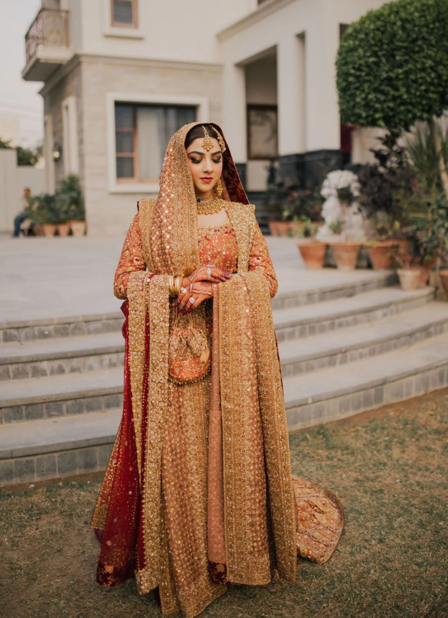 18 Golden Red Bridal Dress with Heavy Embroidery and Traditional Dupatta