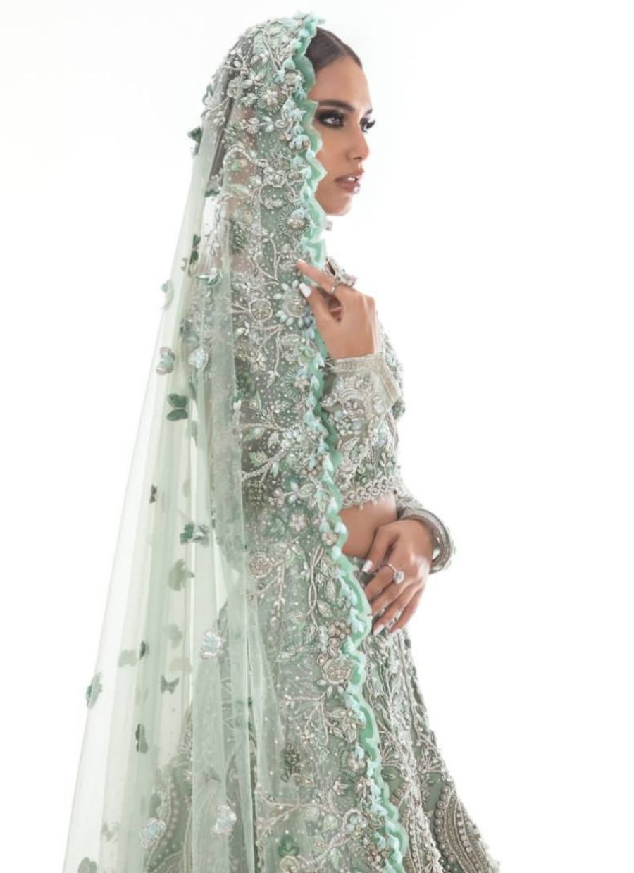 22 Mint Green Bridal Lehenga with Heavy Silver Embroidery
