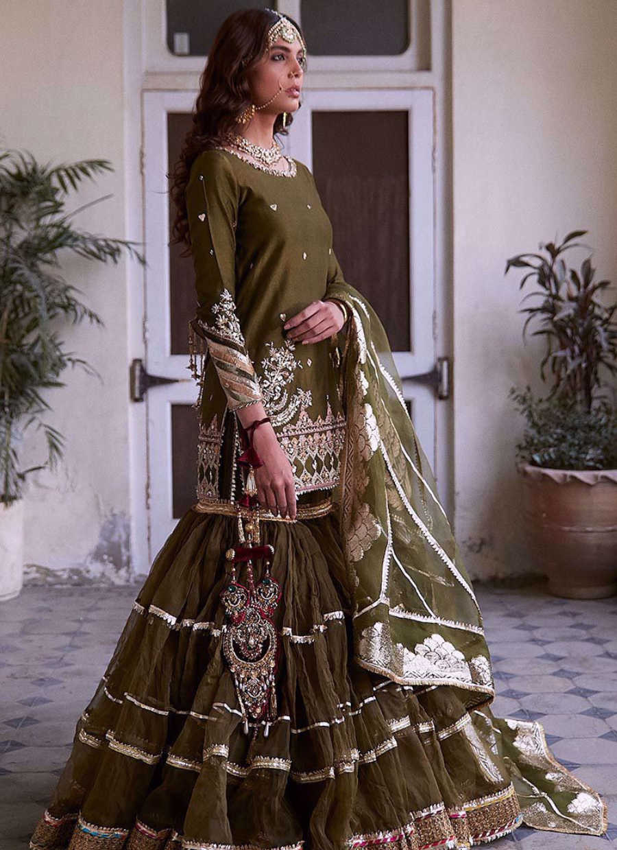 16 Olive Green Traditional Bridal Lehenga with Intricate Embroidery