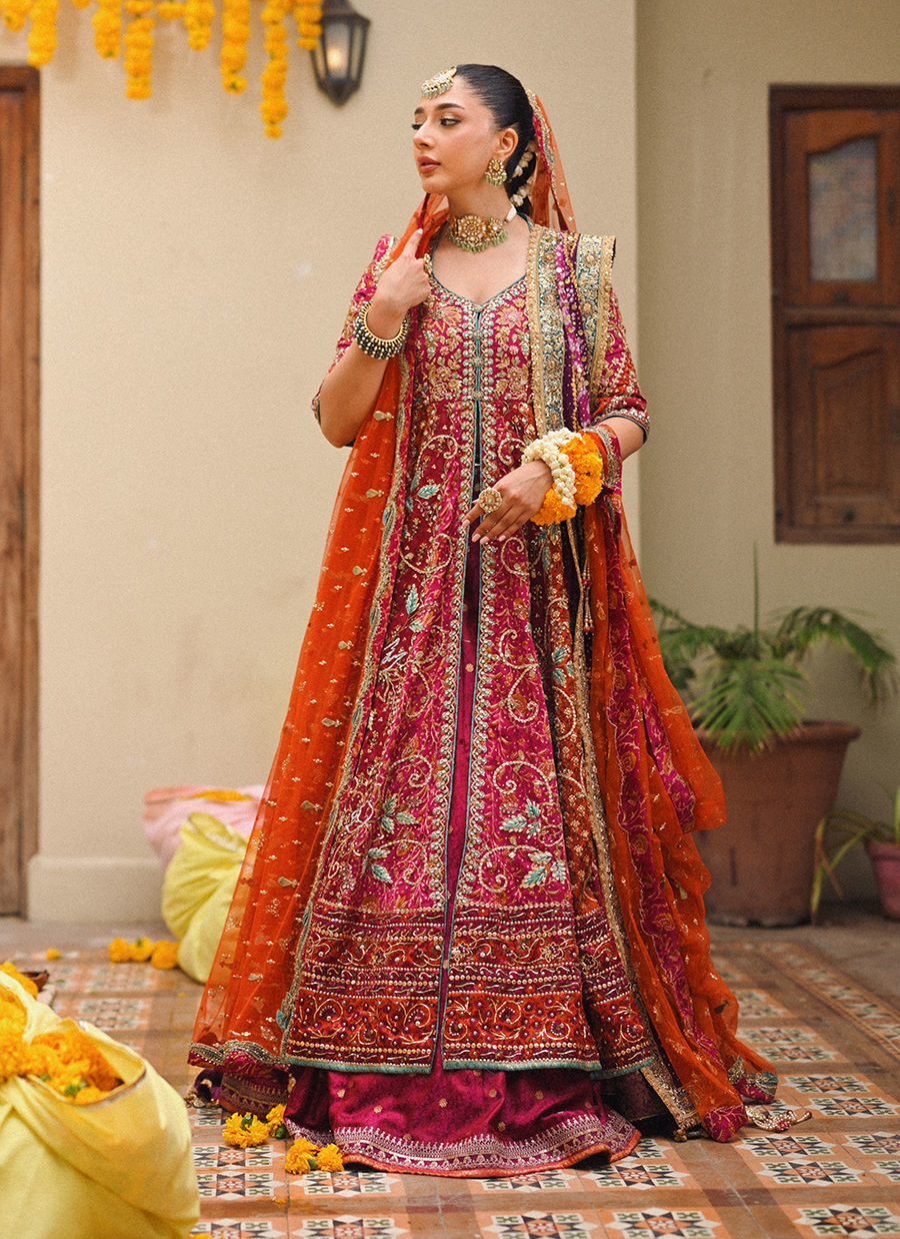 16 Magenta Kalidaar Bridal Ensemble with Orange Dupatta
