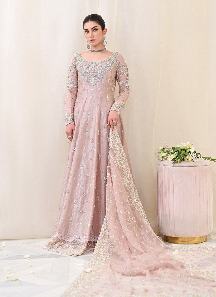 16 Blush Pink Kalidaar Bridal Ensemble with Intricate Embellishments
