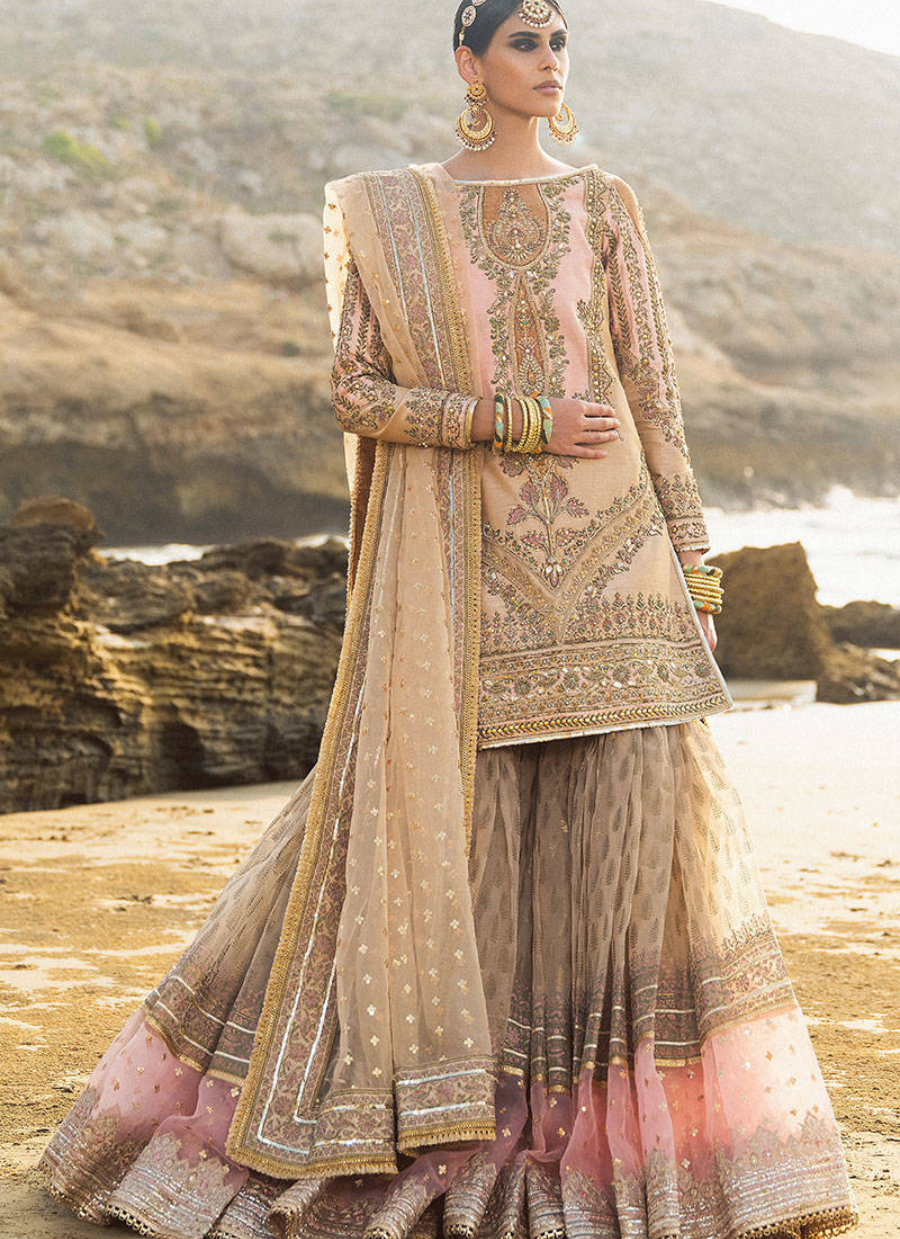 16 Soft Peach and Gold Bridal Lehenga with Pastel Embellishments