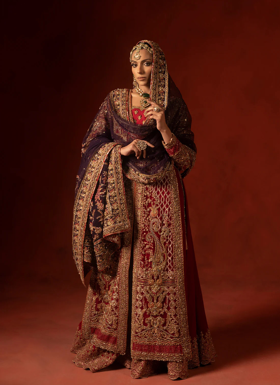 19 Regal Red Front-Open Shirt with Azaar Pants & Festive Dupatta