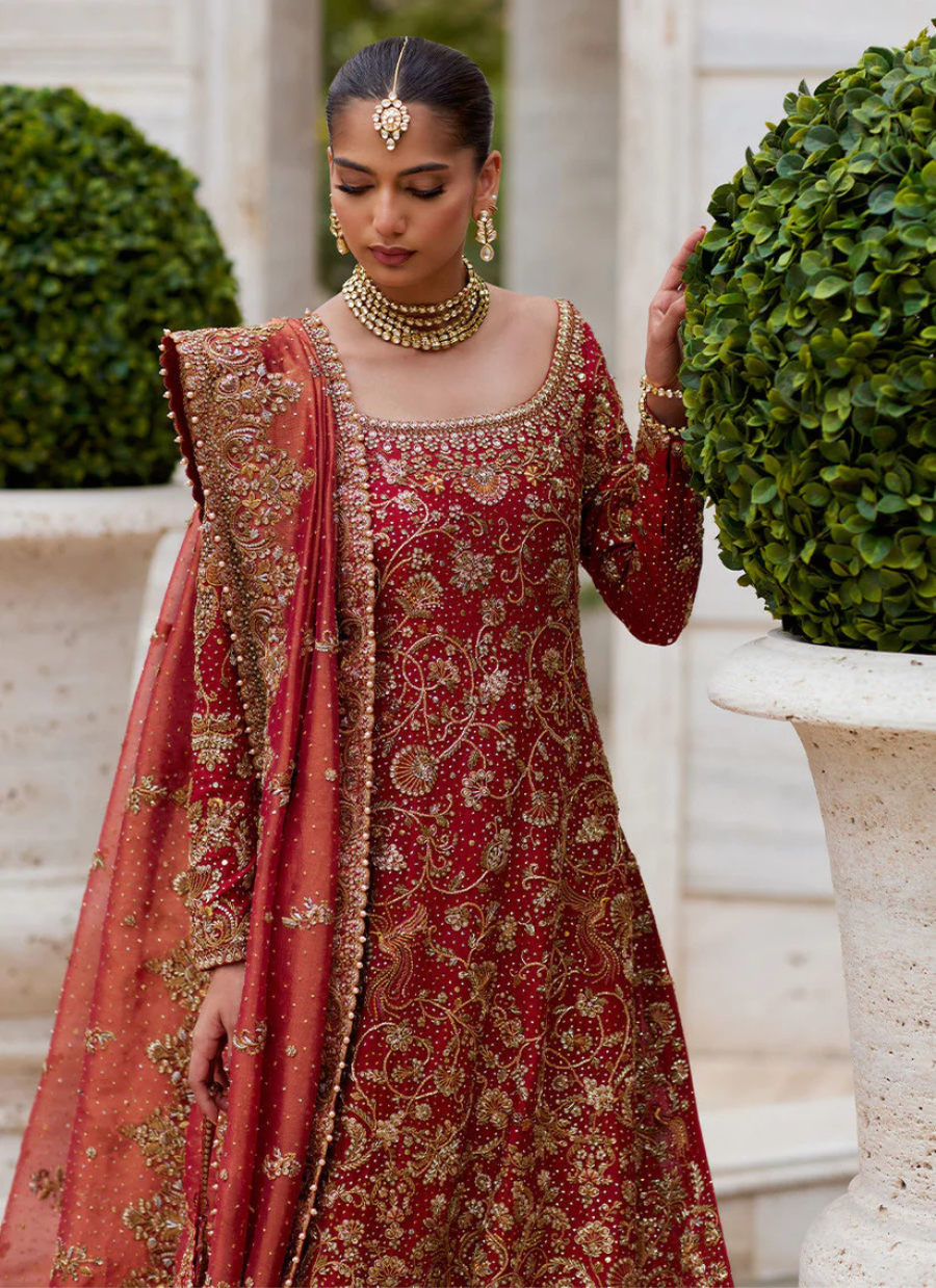 Majestic Crimson Bridal – Cotton Net Shirt with Handworked Jaal & Gharara