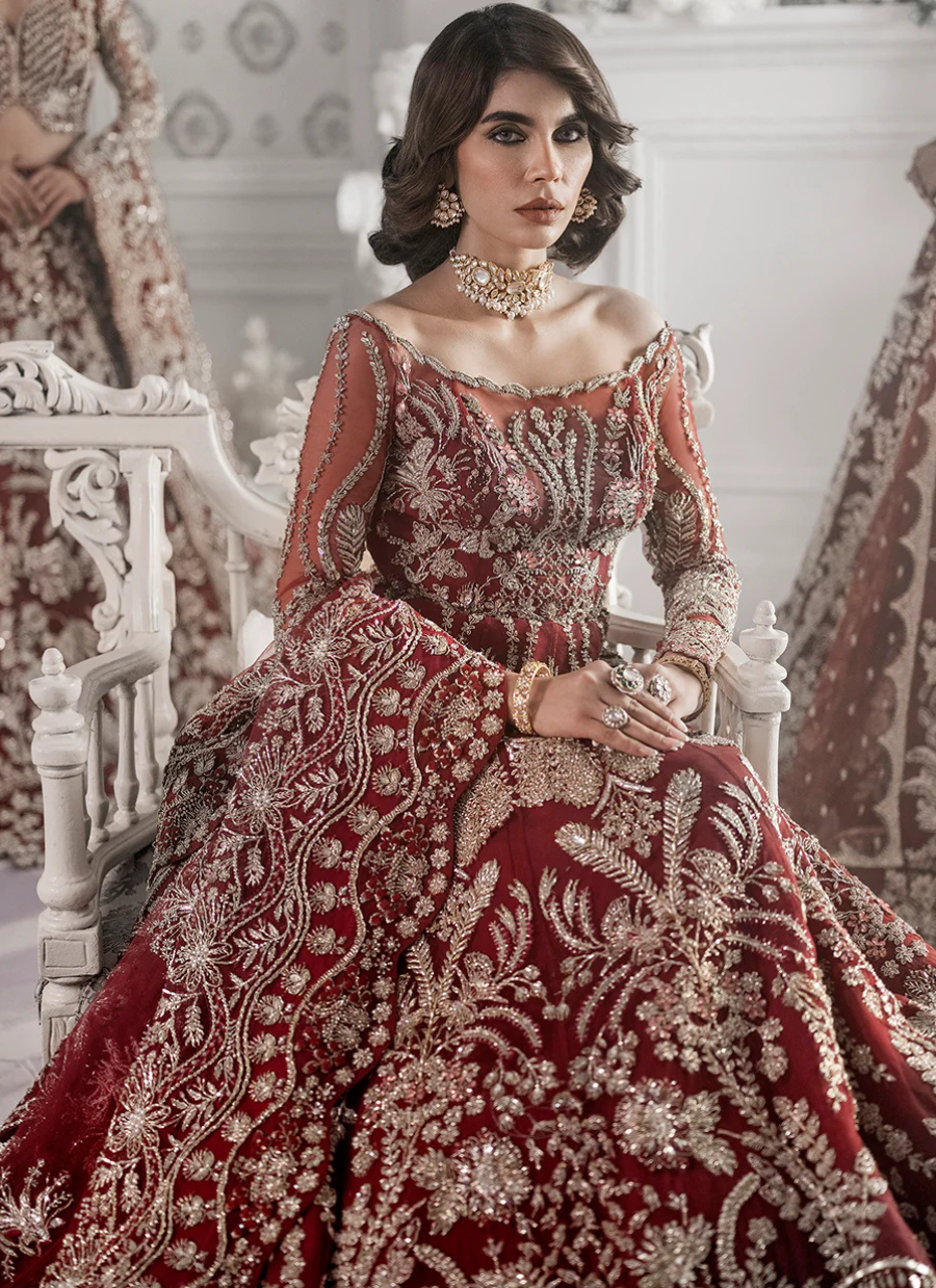 19 Red Bridal Gown with Heavy Golden Embroidery and Sheer Sleeves