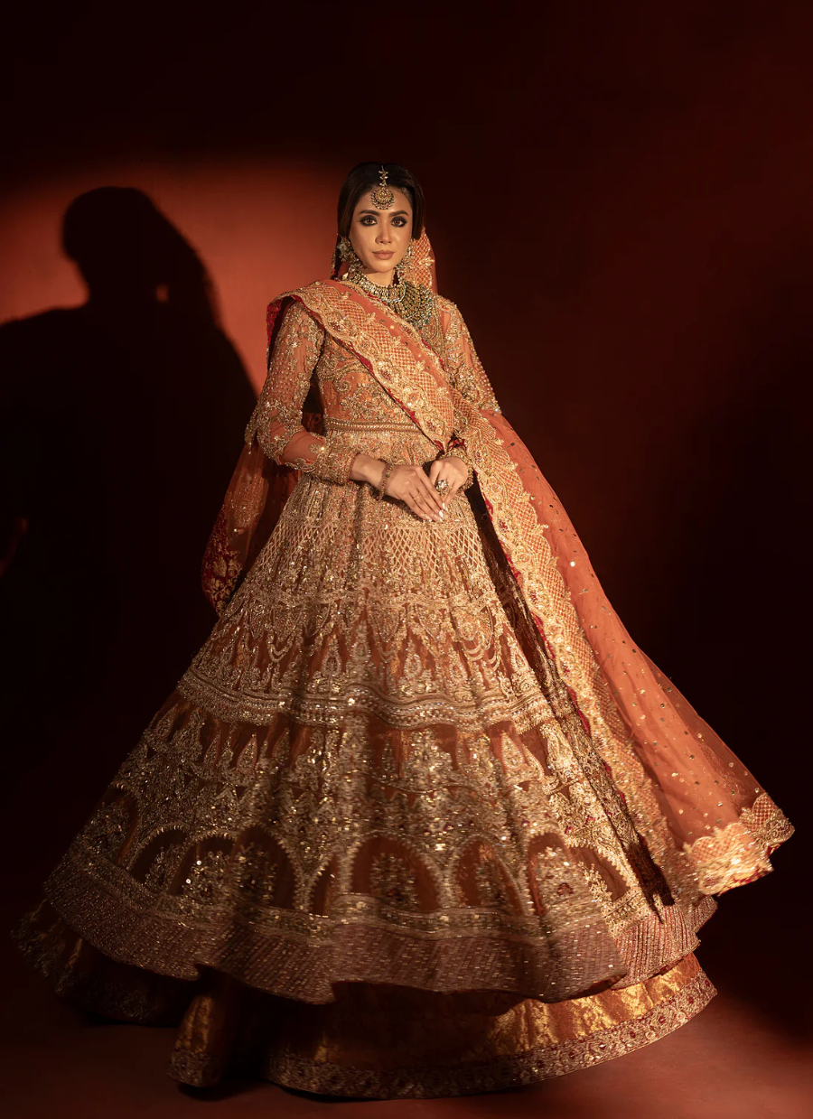 19 Rust Orange Bridal Pishwas with Jamawar Lehenga