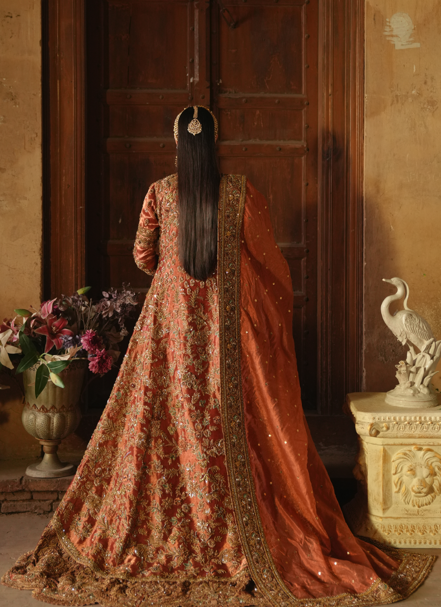 19 Rust Orange Heavily Embellished Bridal Gown with Regal Detailing