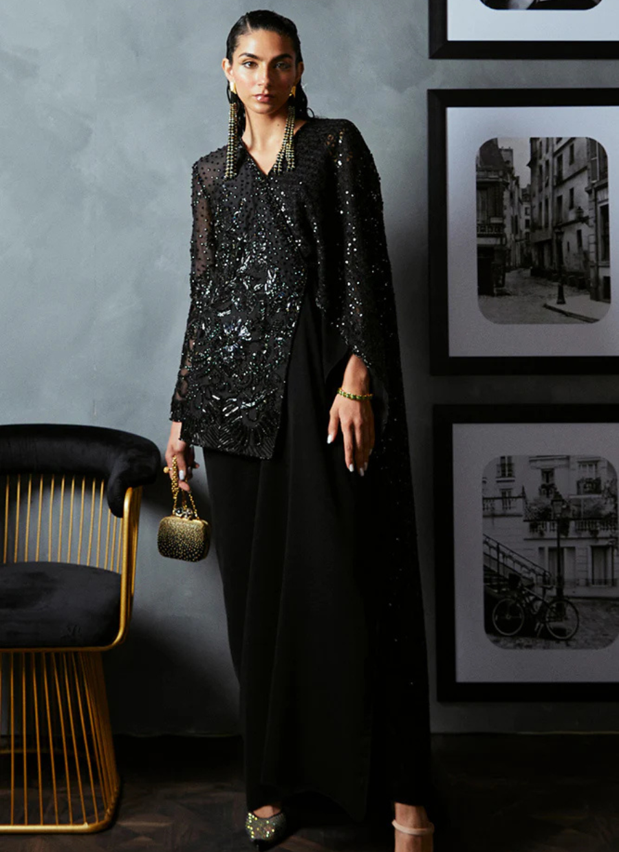 18 Black Sequin Cape Gown Ensemble