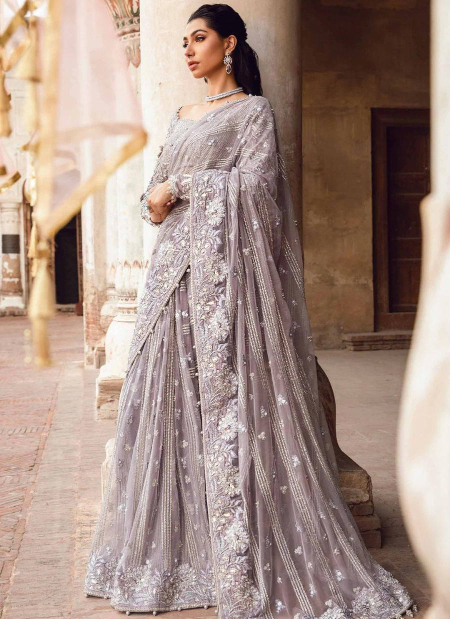 19 Smoky Grey Embroidered Bridal Saree