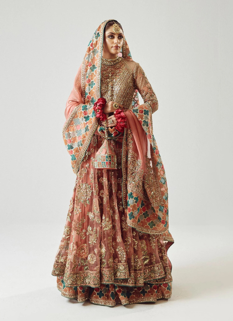Rose Gold Peshwas Ensemble – Silk Sharara & Embellished Organza Dupatta