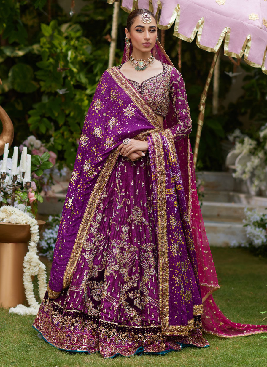 16 Plum Purple Lehenga Choli with Gold Embroidery and Pink Dupatta