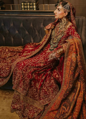 18 Deep Red Bridal Dress with Heavy Embellishments and Traditional Shawl
