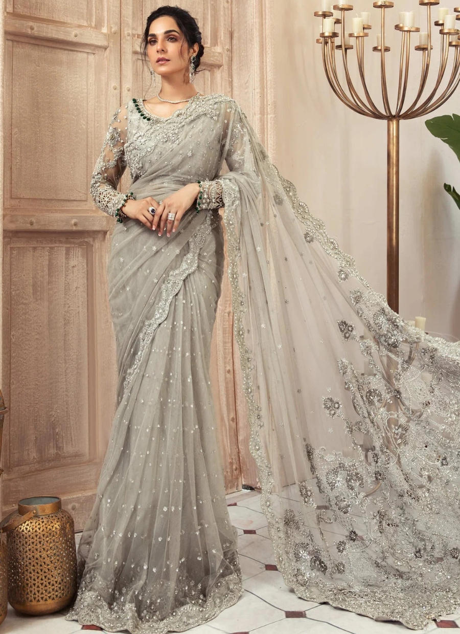 19 Elegant Grey Embellished Bridal Saree