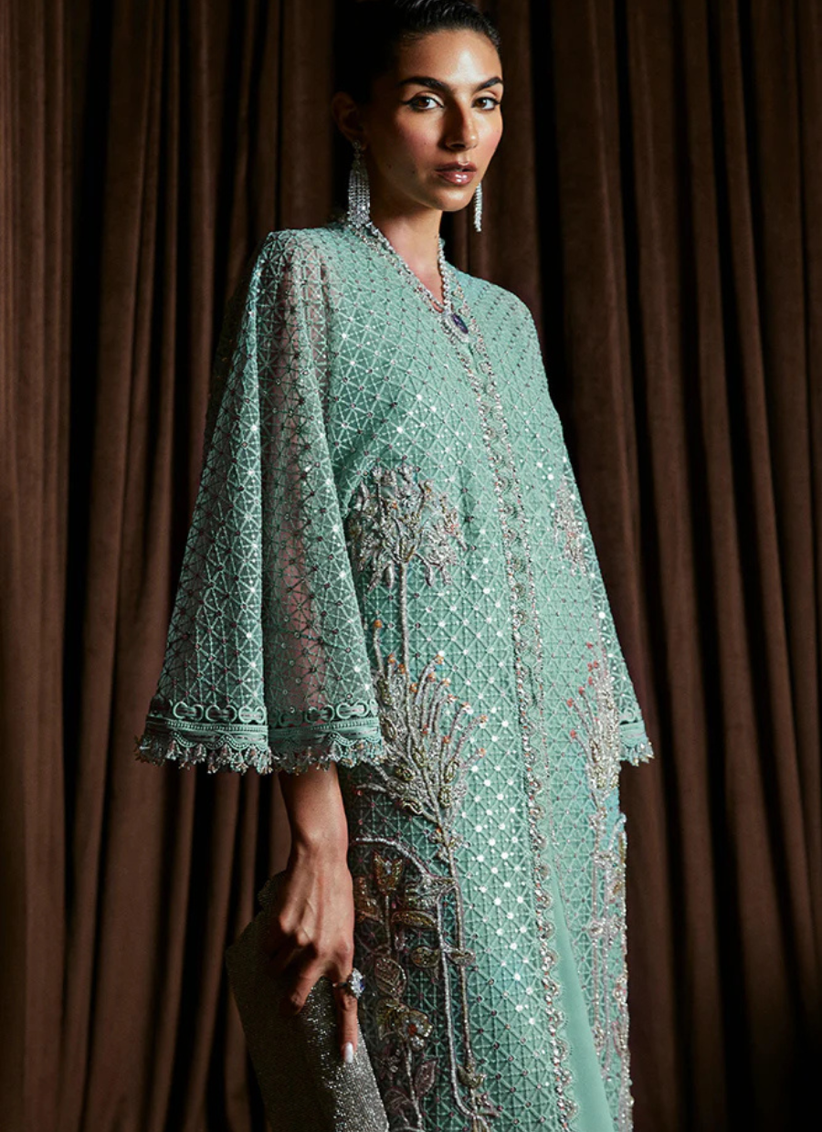 18 Mint Green Long Kaftan with Intricate Embroidery