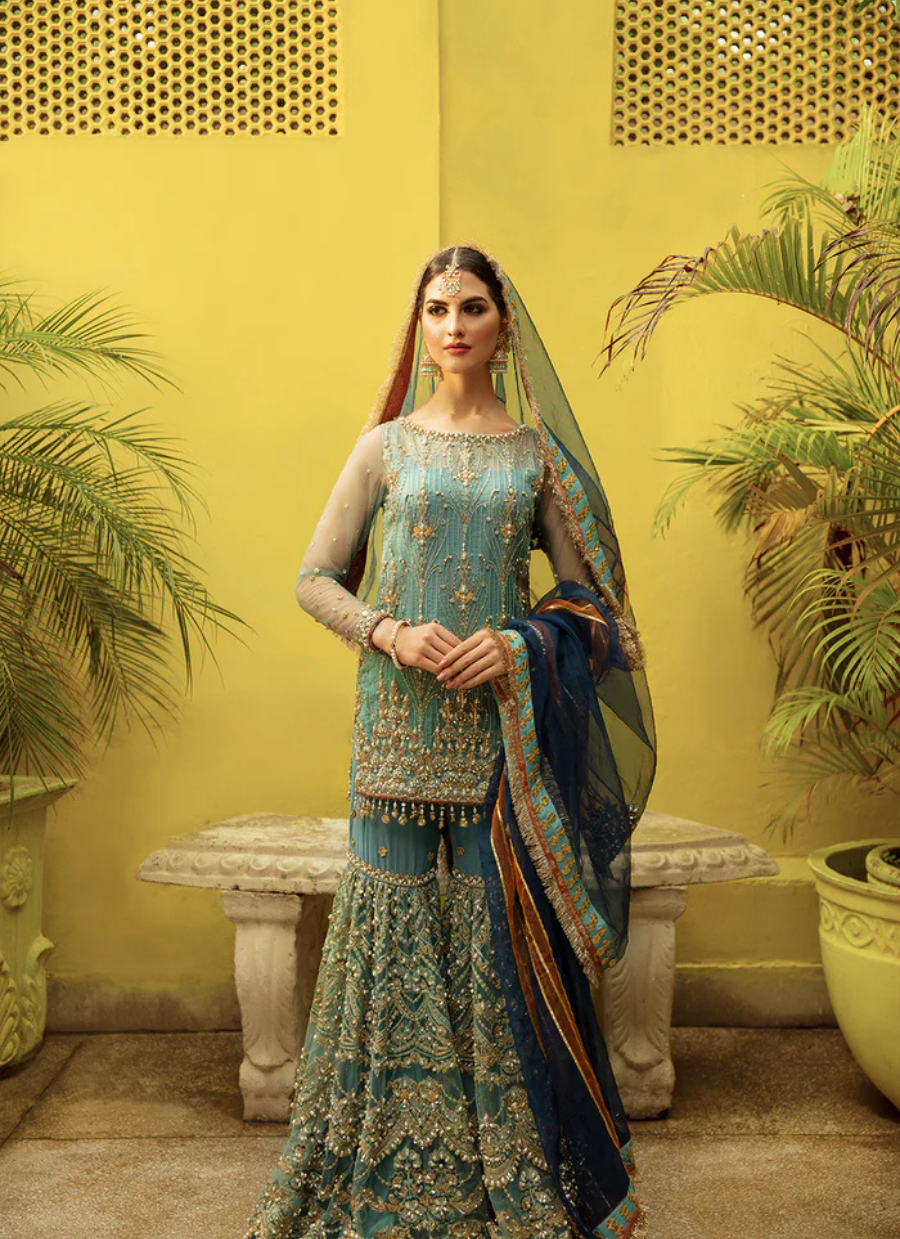 16 Teal Blue Embroidered Gharara Set with Contrasting Navy Dupatta