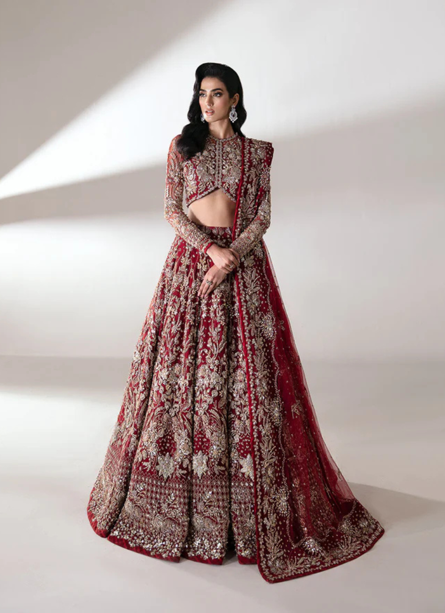 19 Deep Red Bridal Lehenga with Intricate Silver Embroidery