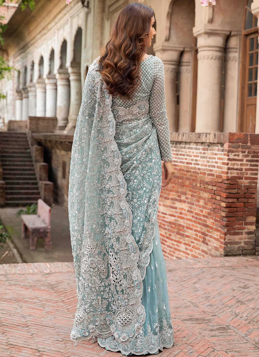 18 Ice Blue Heavily Embroidered Bridal Saree