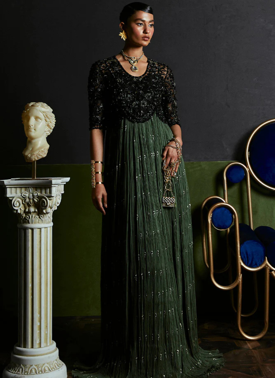 18 Midnight Elegance in Black & Olive Green Gown