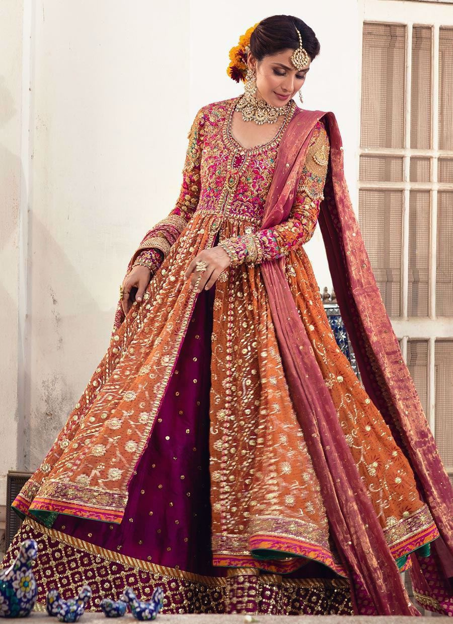 16 Rust Orange & Magenta Heavily Embroidered Kalidaar Bridal Ensemble