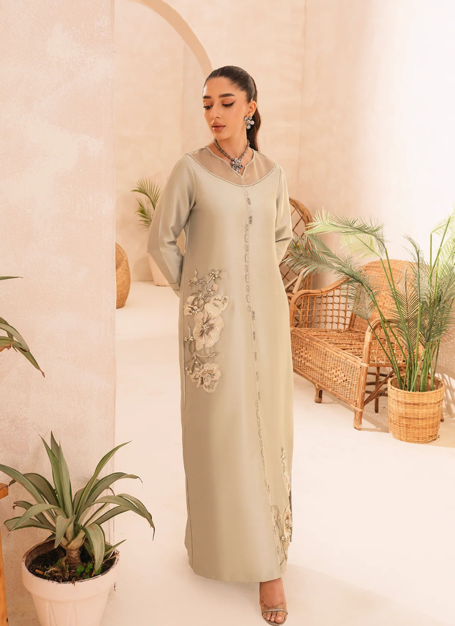 22 Pastel Grey Long Maxi with Subtle Floral Embroidery