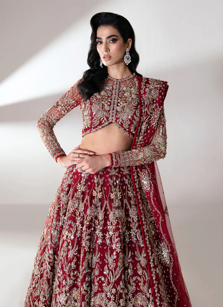 19 Deep Red Bridal Lehenga with Intricate Silver Embroidery
