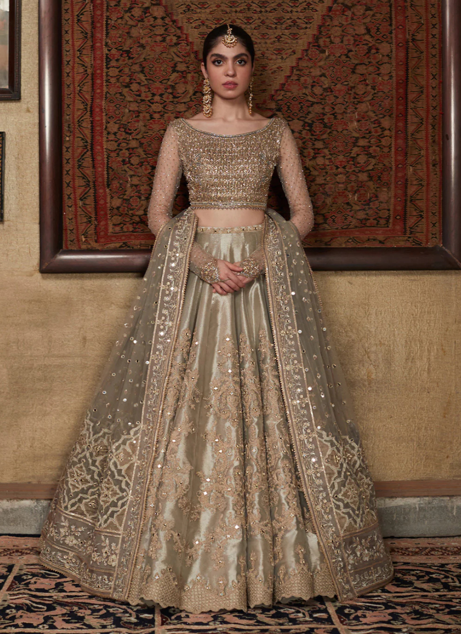 16 Champagne Gold Bridal Lehenga with Sequins and Sheer Dupatta