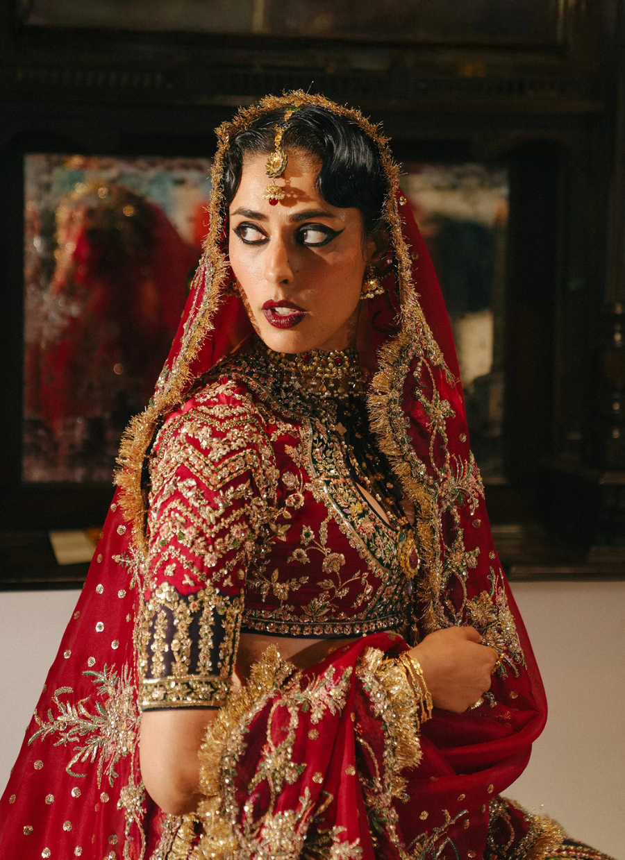 Velvet Elegance – Red & Green Lehnga with Raw Silk Choli