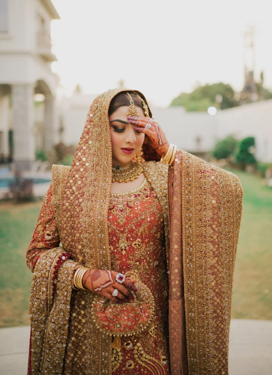 18 Golden Red Bridal Dress with Heavy Embroidery and Traditional Dupatta