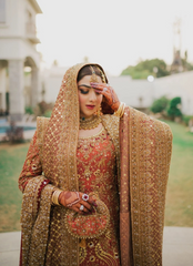 18 Golden Red Bridal Dress with Heavy Embroidery and Traditional Dupatta