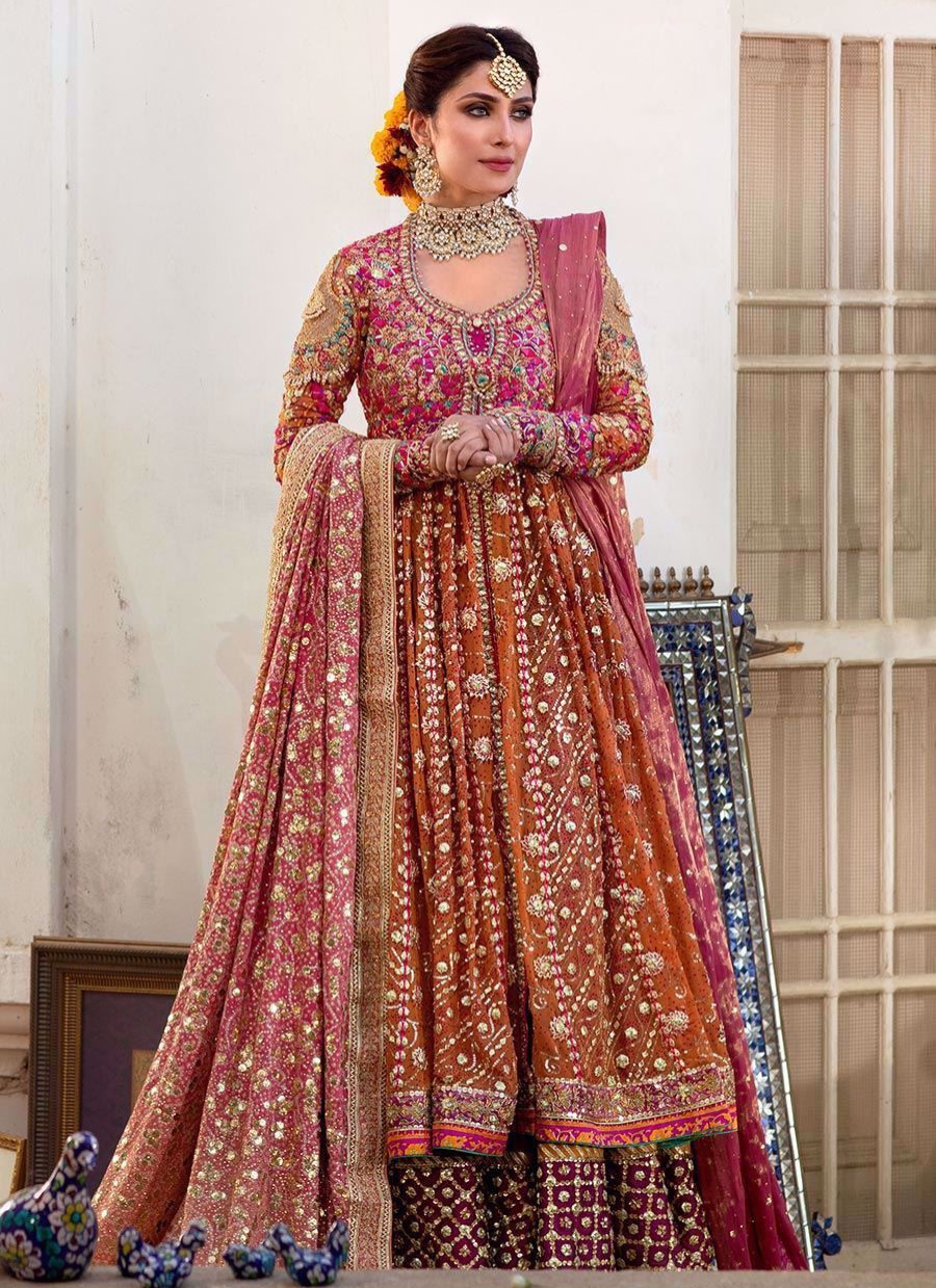 16 Rust Orange & Magenta Heavily Embroidered Kalidaar Bridal Ensemble