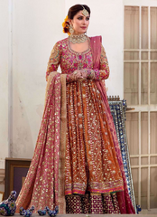 16 Rust Orange & Magenta Heavily Embroidered Kalidaar Bridal Ensemble