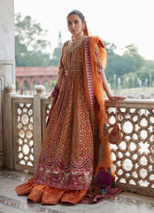 16 Rust Bridal Kalidaar with Orange Dupatta and Multicolor Embellishments
