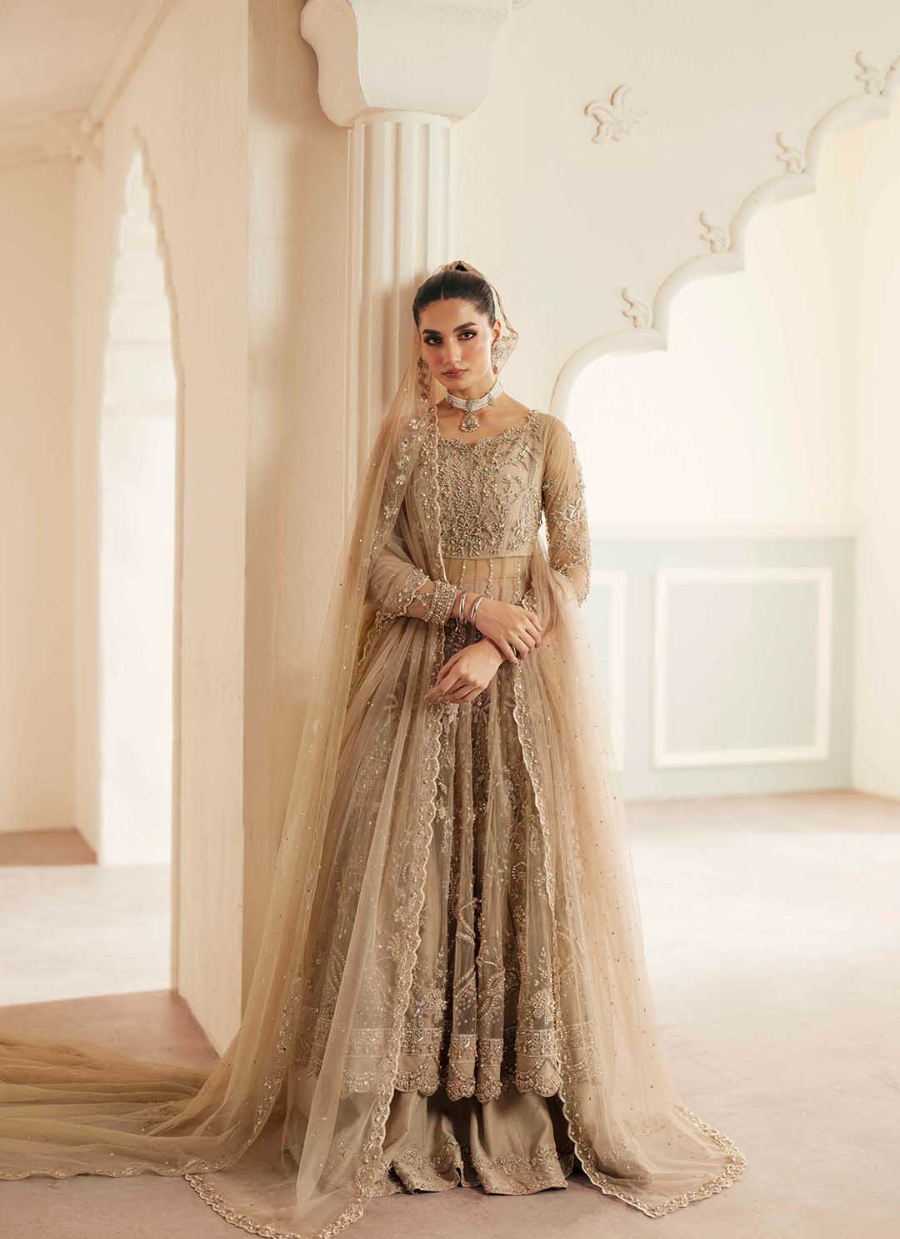 16 Champagne Gold Embroidered Long Kalidaar with Dupatta