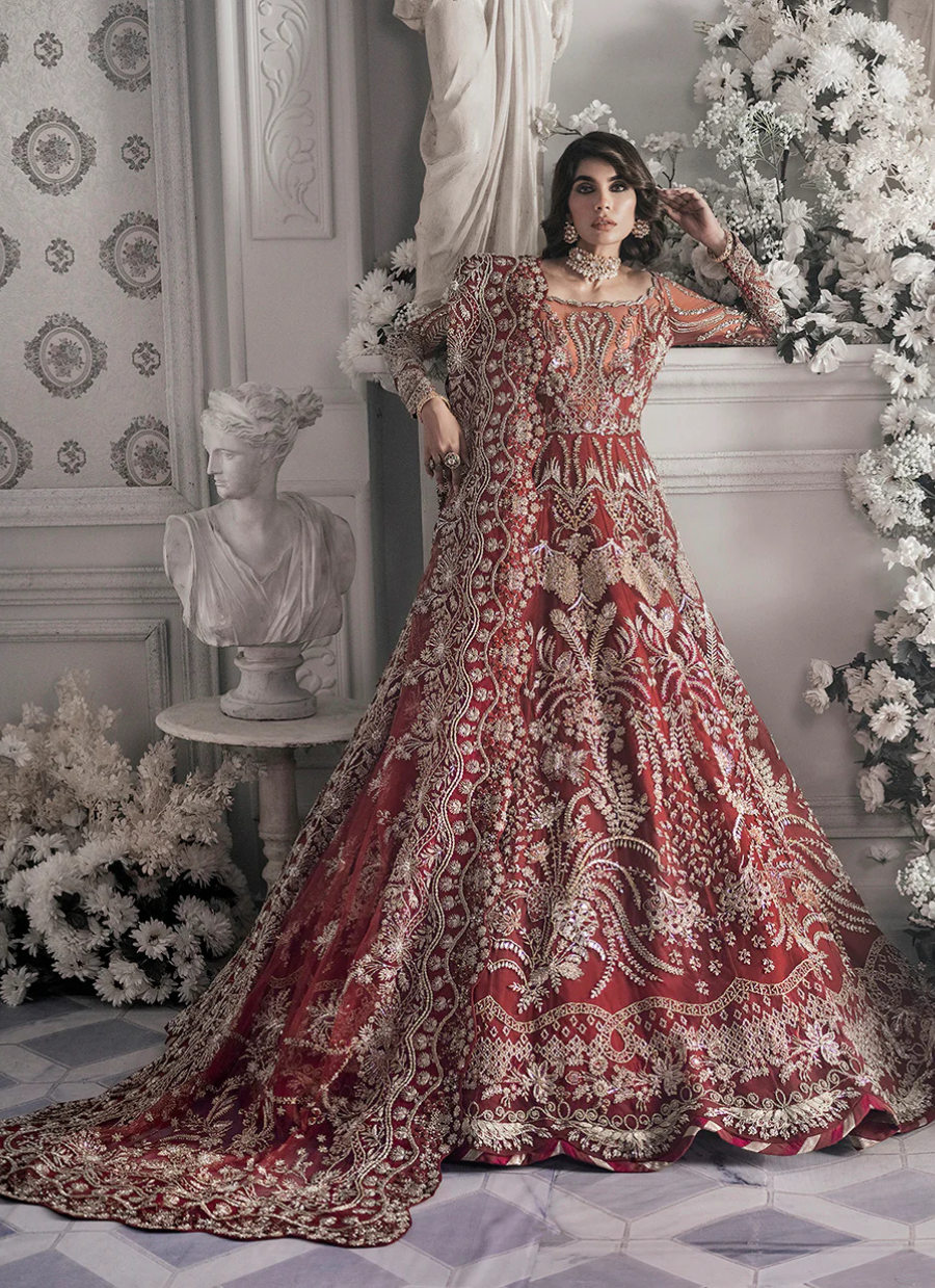 19 Red Bridal Gown with Heavy Golden Embroidery and Sheer Sleeves