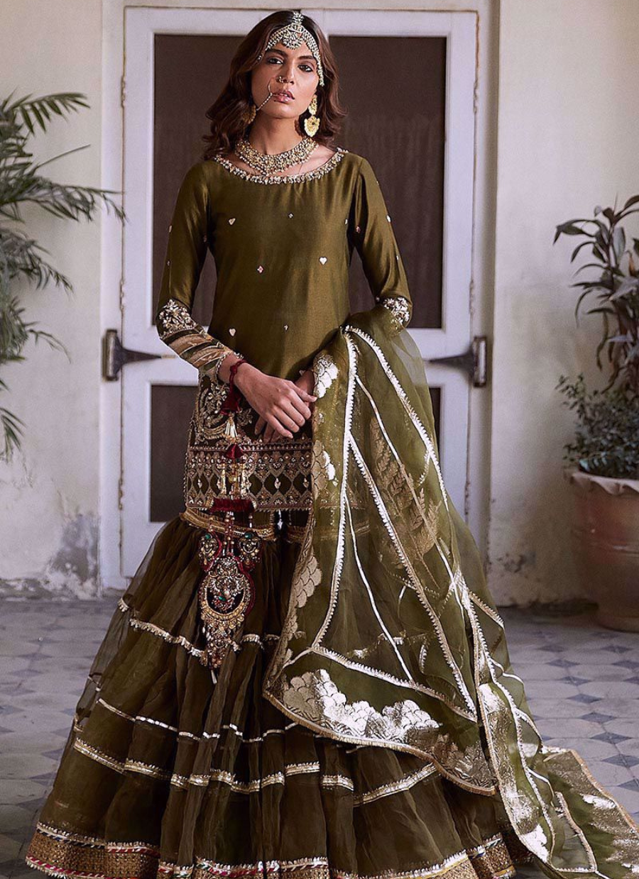 16 Olive Green Traditional Bridal Lehenga with Intricate Embroidery