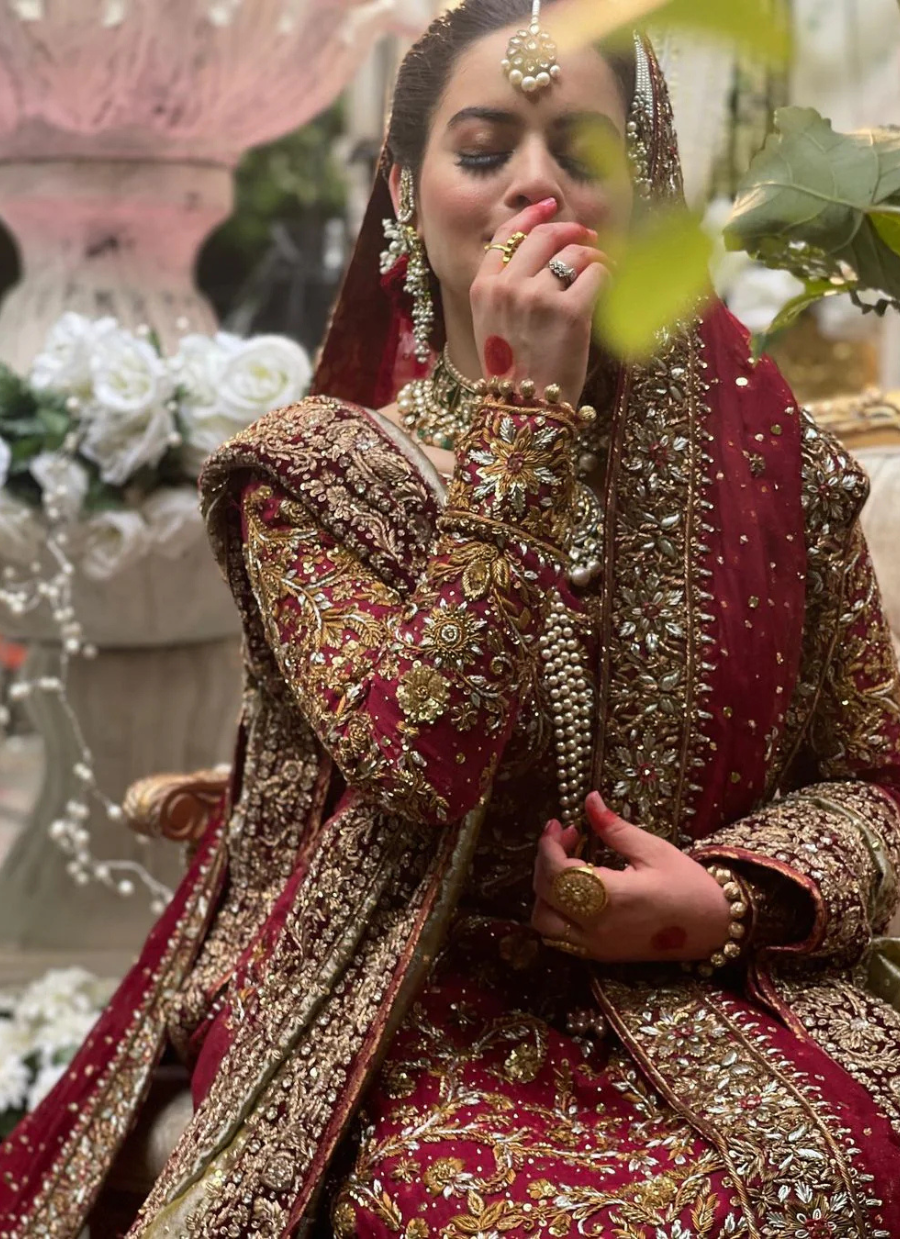 Deep Red Bridal Lehnga Choli with Gold Embellishments & Farshi Dupatta