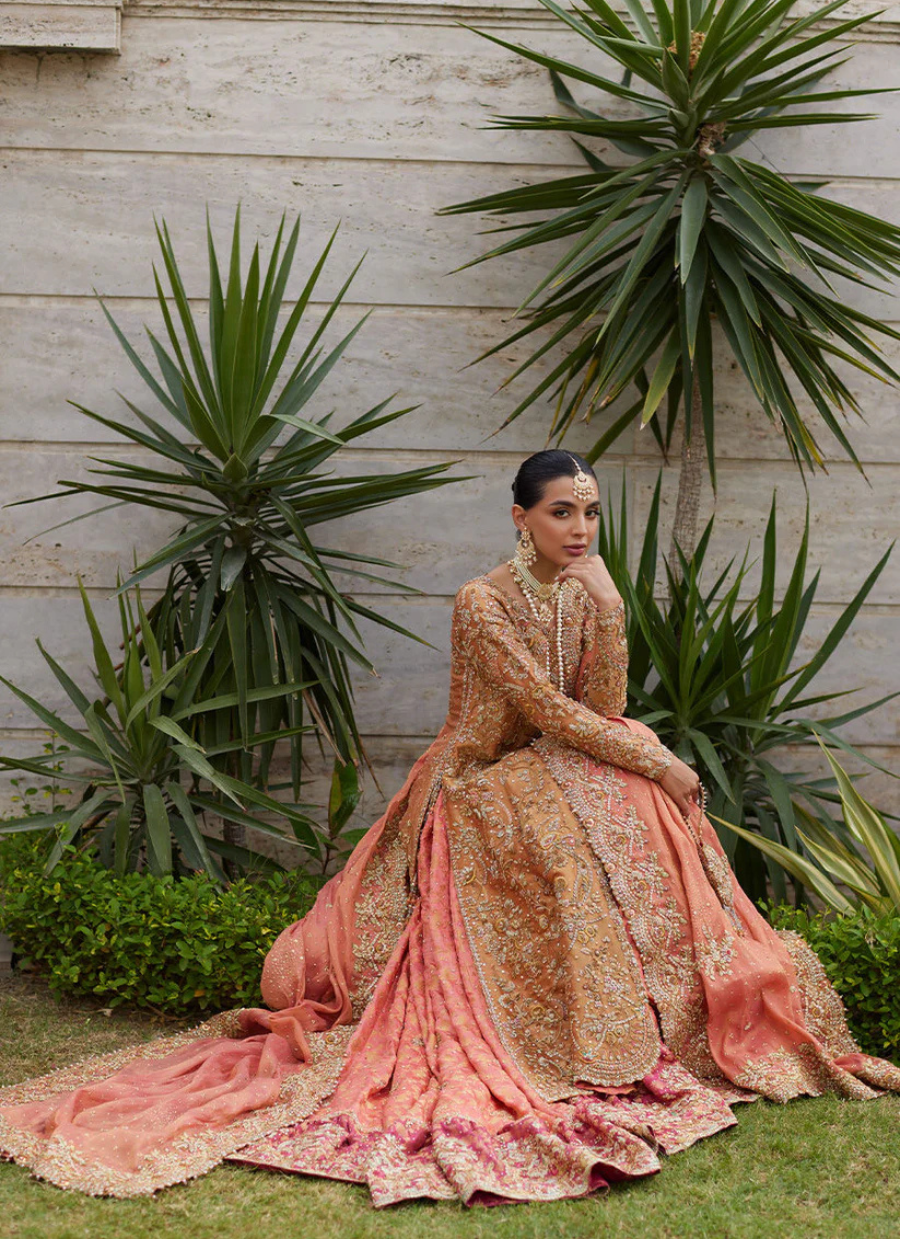 Peachy Gold Bridal Masterpiece – Tissue Shirt, Jamawar Lehnga & Dupatta